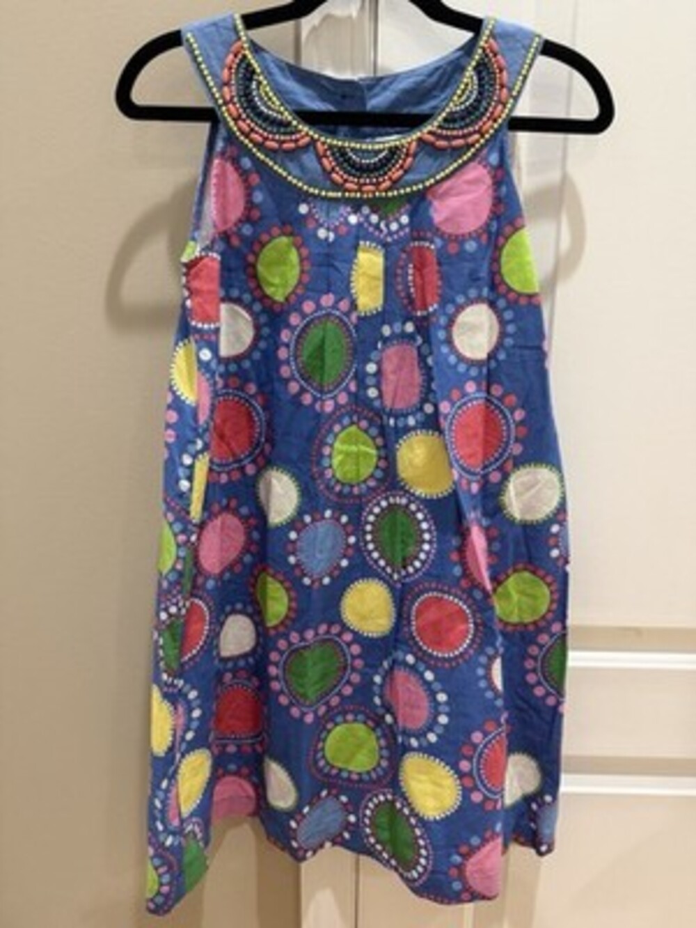 Mini Boden Girls' Sleeveless Beaded Neckline Polka Dot Dress Size 11-12 100% Cot
